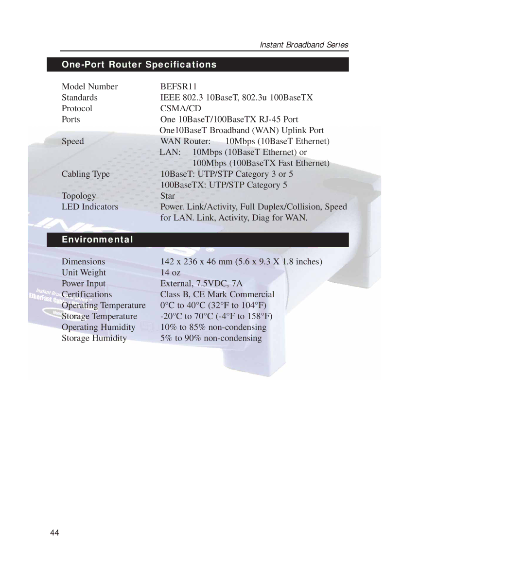 Linksys BEFSR11, BEFSR41 manual One-Port Router Specifications 