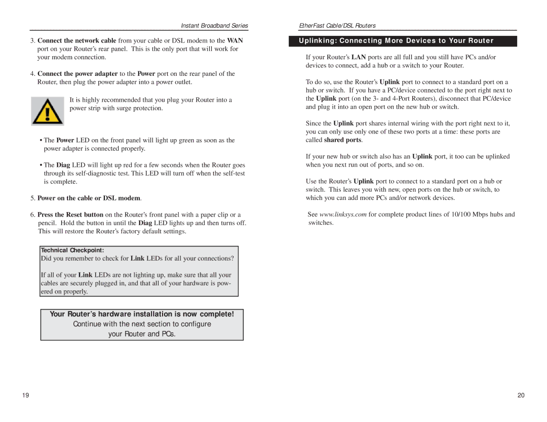 Linksys BEFSR41 v2 manual Technical Checkpoint, Uplinking Connecting More Devices to Your Router 