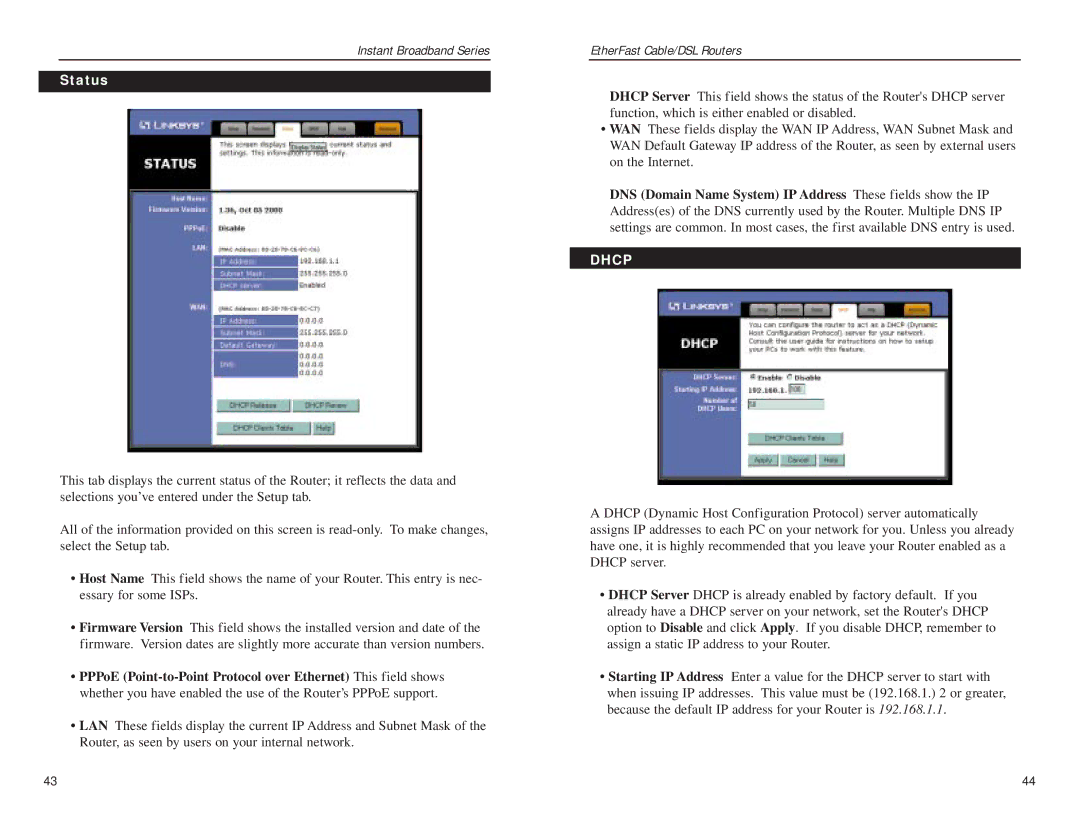 Linksys BEFSR41 v2 manual Status, Dhcp 