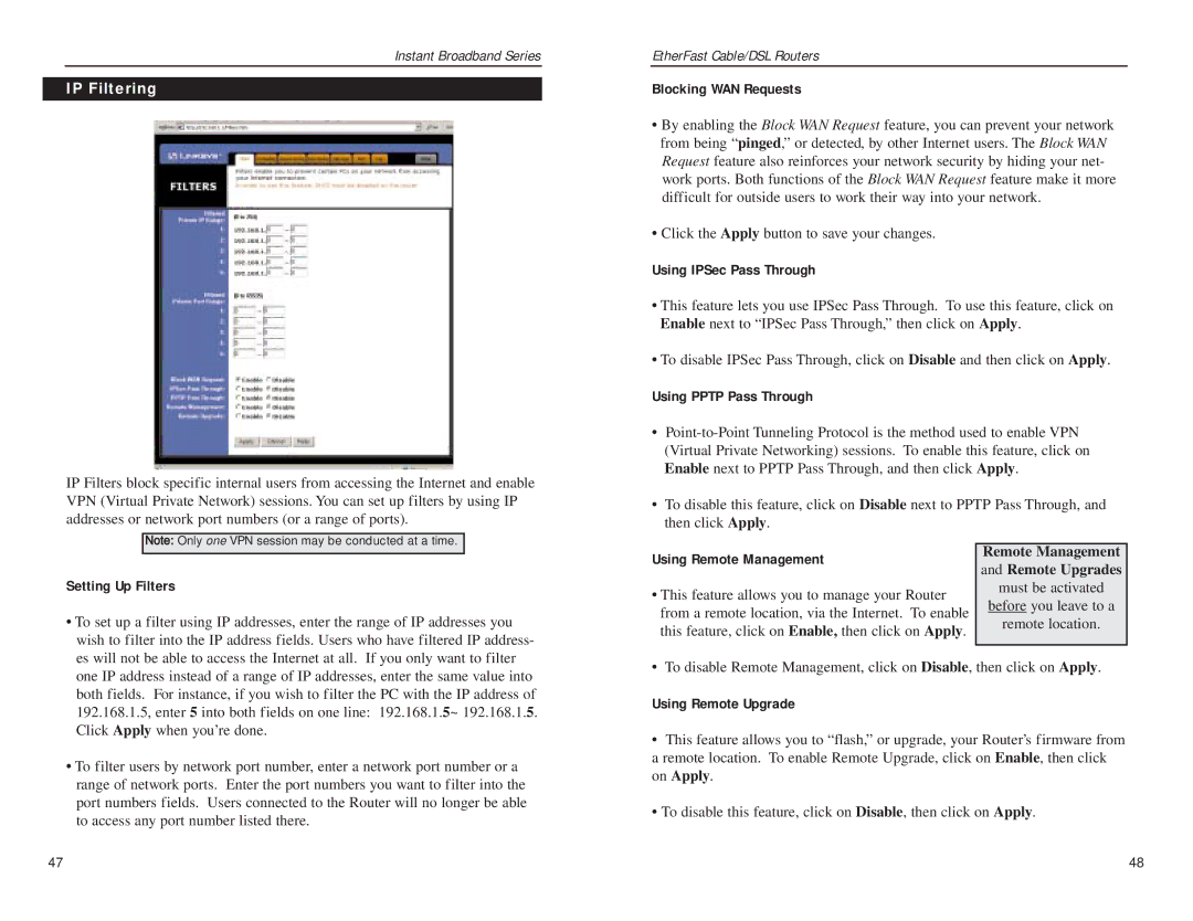 Linksys BEFSR41 v2 manual IP Filtering 