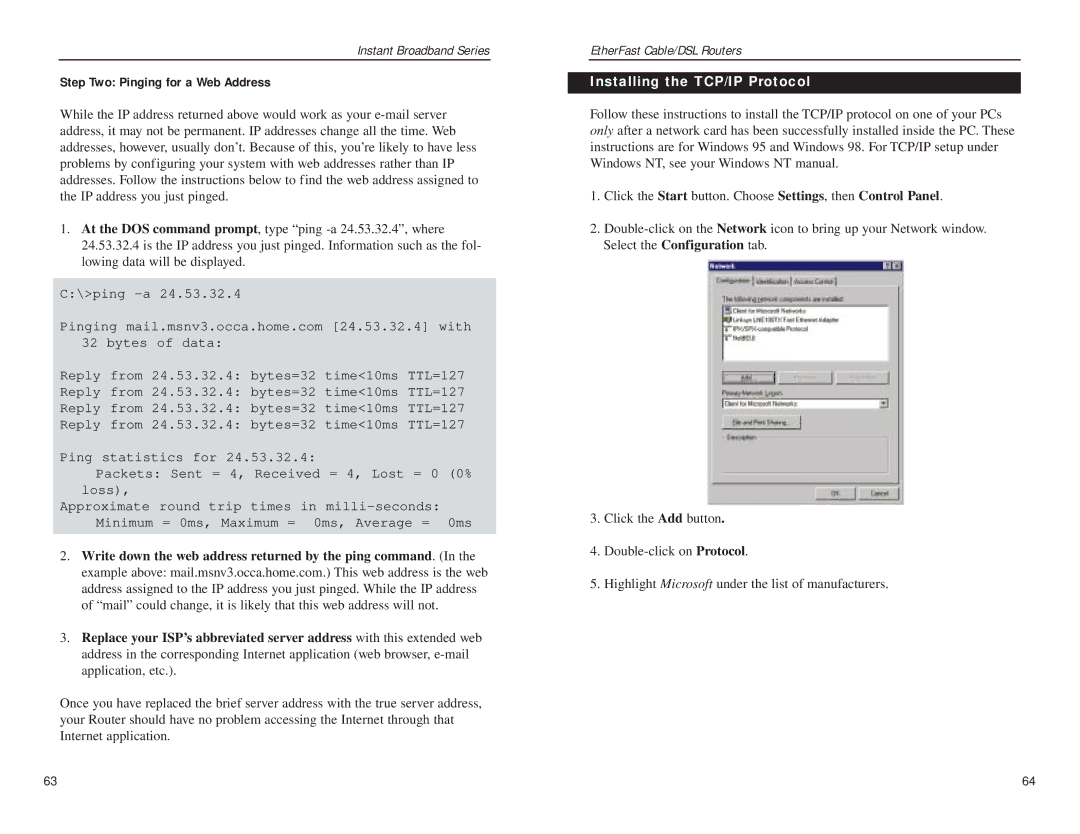 Linksys BEFSR41 v2 manual Step Two Pinging for a Web Address, Installing the TCP/IP Protocol 