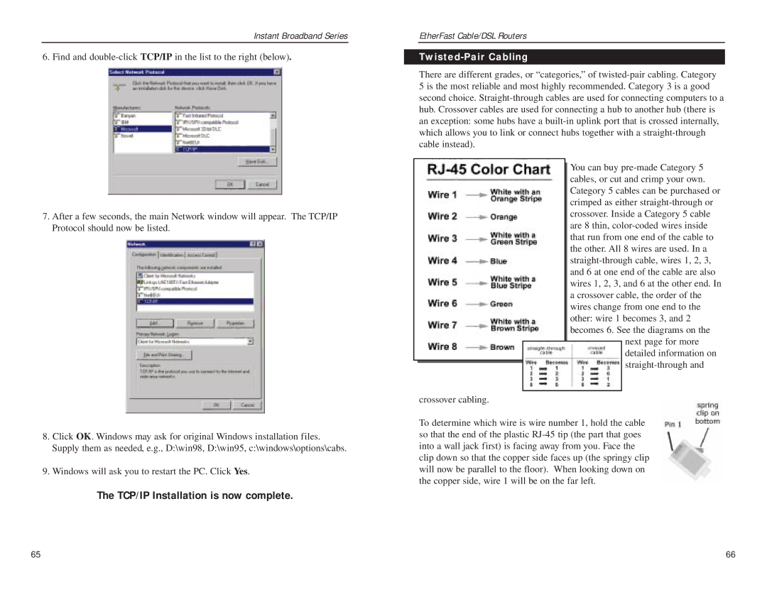 Linksys BEFSR41 v2 manual TCP/IP Installation is now complete, Twisted-Pair Cabling 