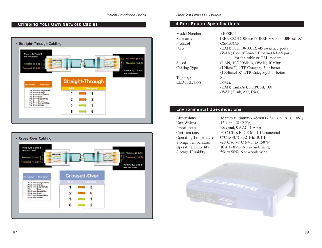 Linksys BEFSR41 v2 manual Crimping Your Own Network Cables, Straight-Through Cabling Cross-Over Cabling 