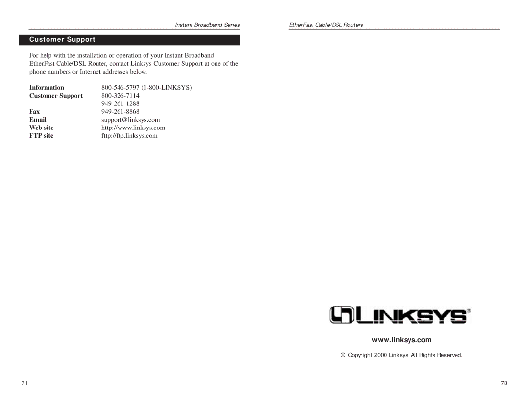 Linksys BEFSR41 v2 manual Customer Support, Copyright 2000 Linksys, All Rights Reserved 