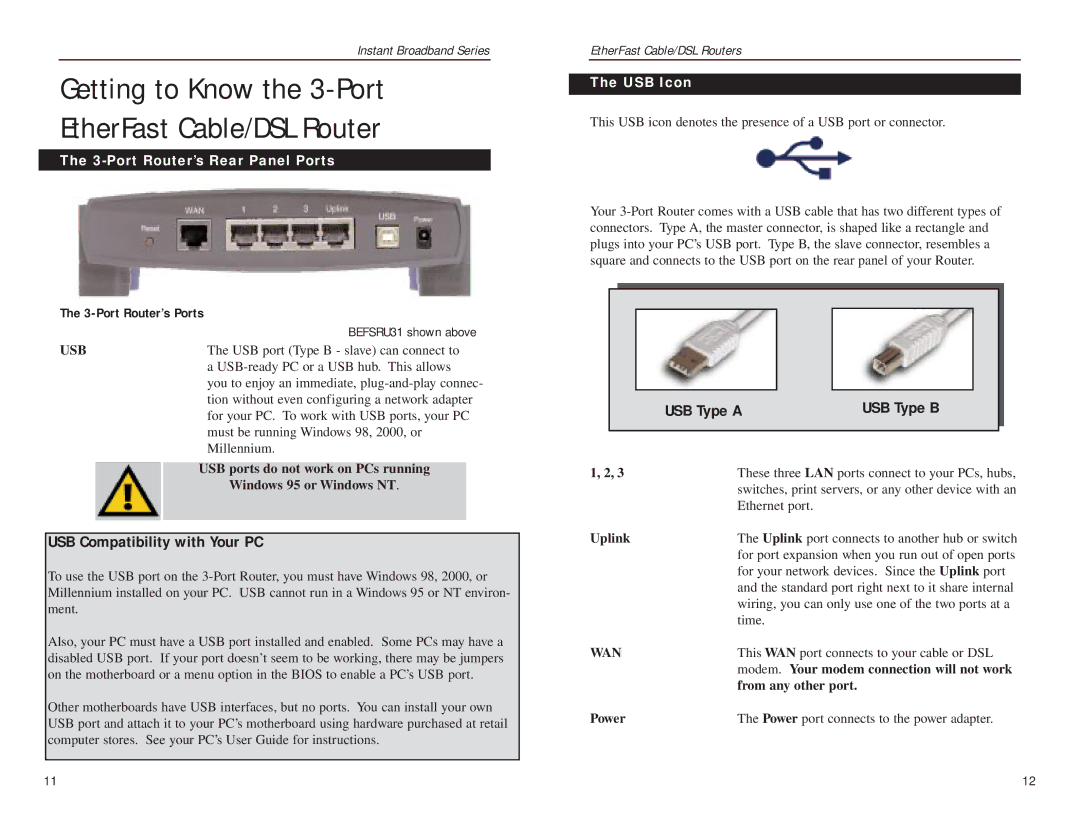 Linksys BEFSR41 v2 manual Getting to Know the 3-Port EtherFast Cable/DSL Router, Port Router’s Rear Panel Ports, USB Icon 