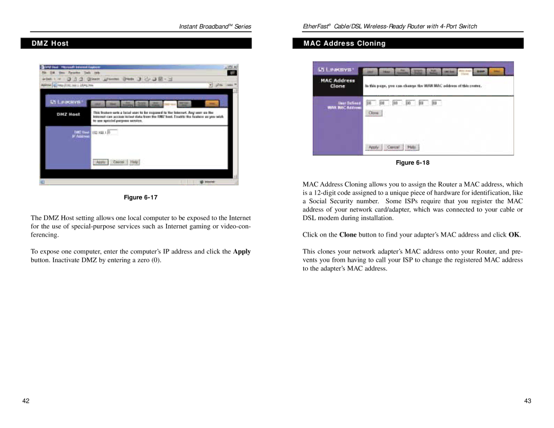Linksys BEFSR41W manual DMZ Host, MAC Address Cloning 