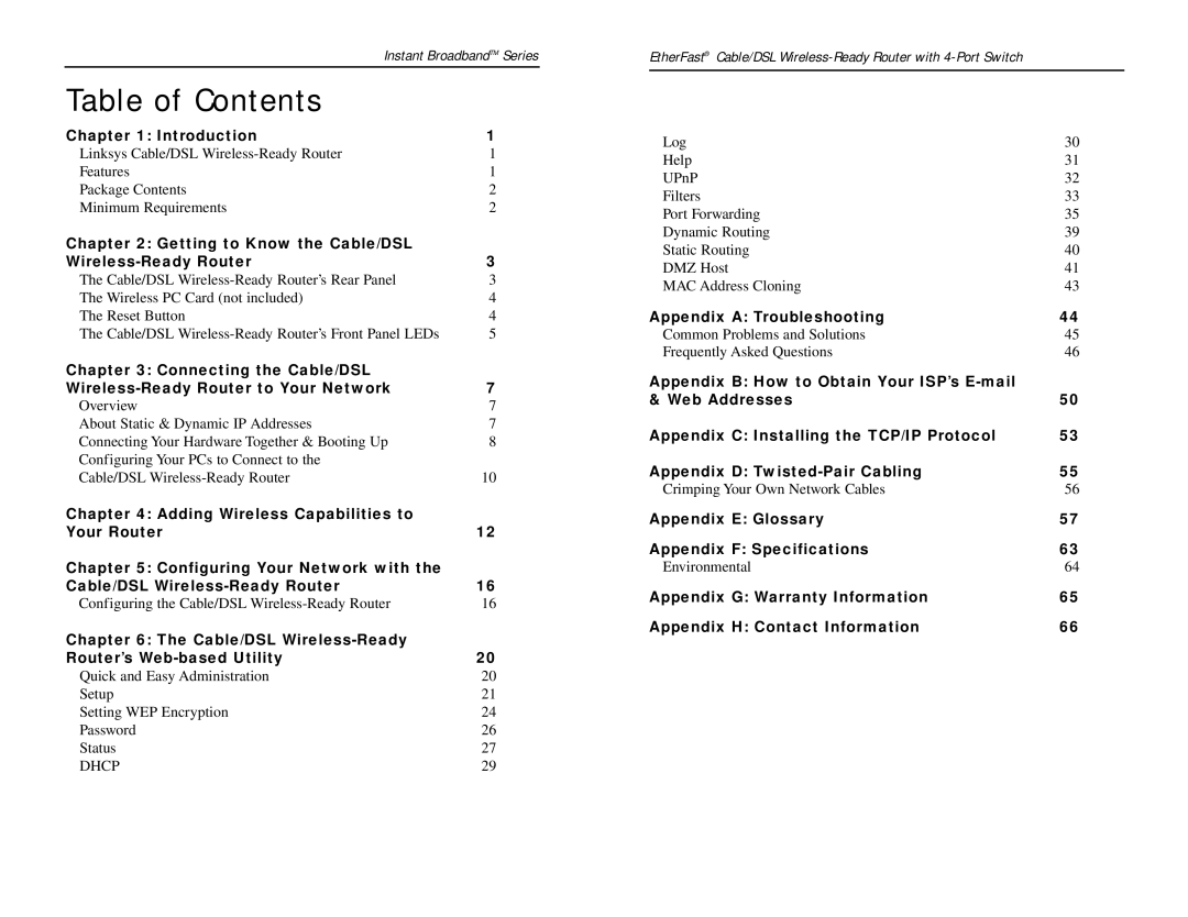 Linksys BEFSR41W manual Table of Contents 