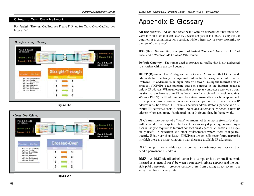 Linksys BEFSR41W manual Appendix E Glossary, BlesCrimping Your Own Network 