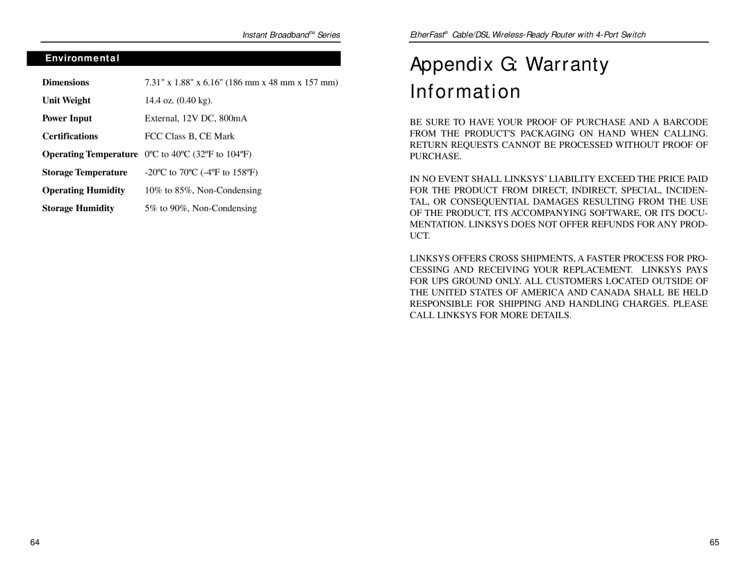 Linksys BEFSR41W manual Appendix G Warranty Information, Environmental 