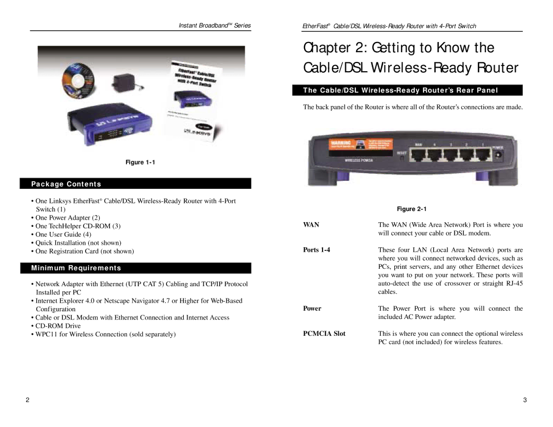 Linksys BEFSR41W manual Package Contents, Minimum Requirements, Cable/DSL Wireless-Ready Router’s Rear Panel 