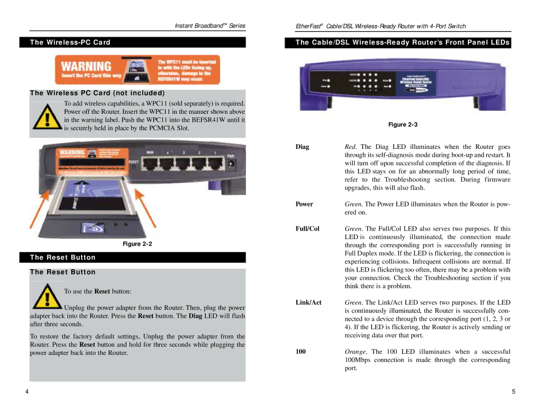 Linksys BEFSR41W manual Wireless-PC Card, Reset Button, Cable/DSL Wireless-Ready Router’s Front Panel LEDs 