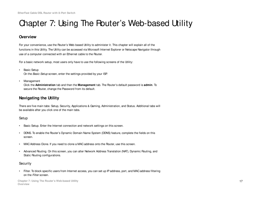 Linksys BEFSR81 manual Using The Router’s Web-based Utility, Navigating the Utility, Setup, Security 