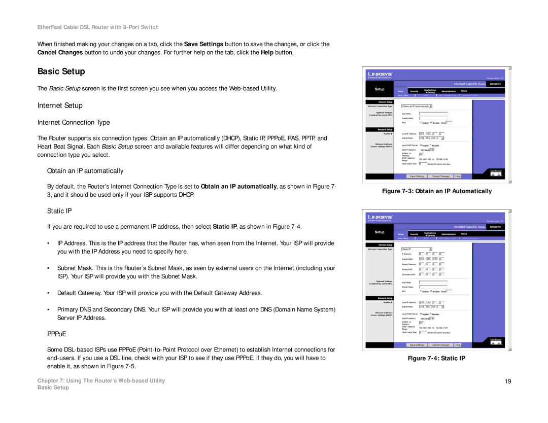 Linksys BEFSR81 manual Basic Setup, Internet Setup 