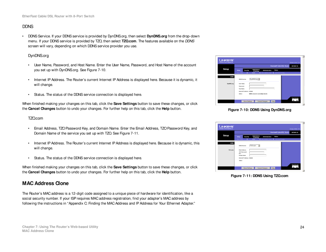 Linksys BEFSR81 manual MAC Address Clone, DynDNS.org, TZO.com 