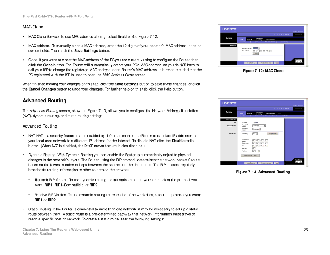 Linksys BEFSR81 manual Advanced Routing, MAC Clone 