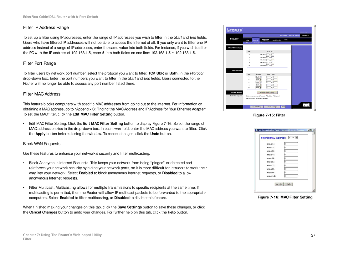 Linksys BEFSR81 manual Filter IP Address Range, Filter Port Range, Filter MAC Address, Block WAN Requests 