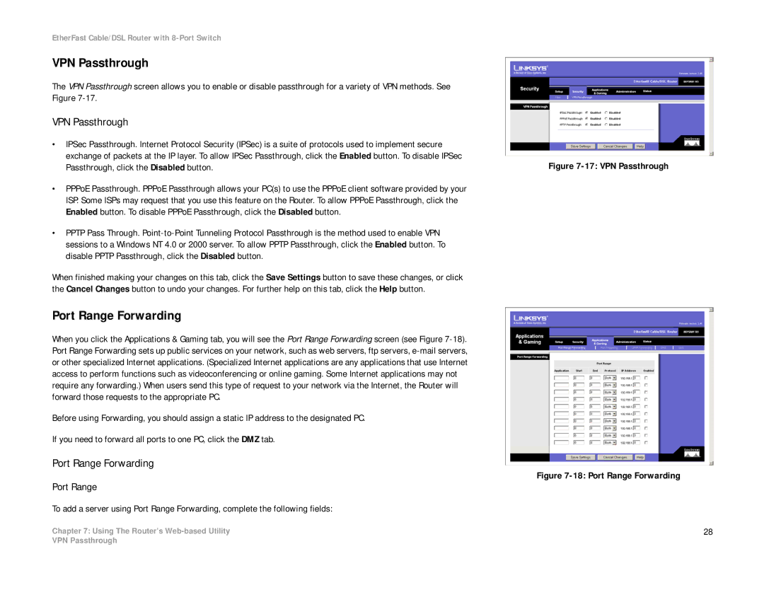 Linksys BEFSR81 manual VPN Passthrough, Port Range Forwarding 