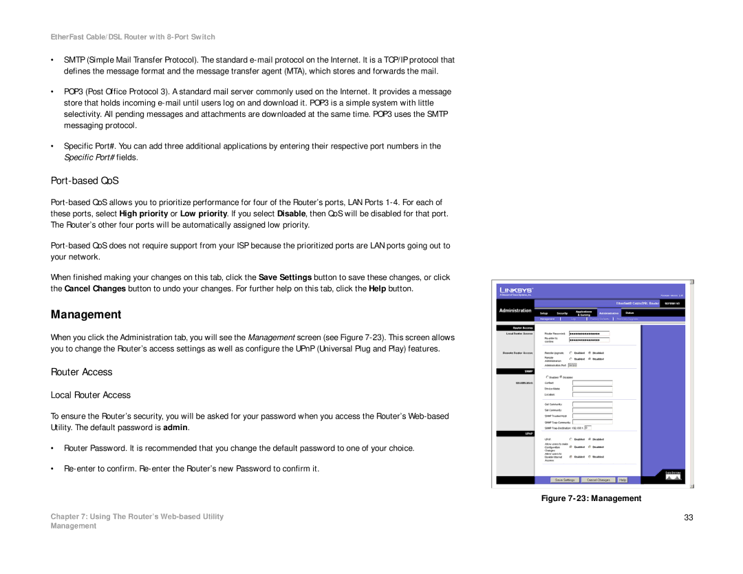 Linksys BEFSR81 manual Management, Port-based QoS, Local Router Access 