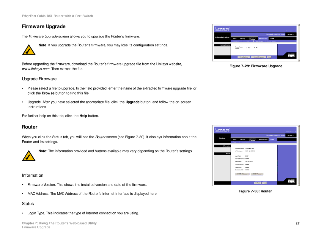 Linksys BEFSR81 manual Firmware Upgrade, Router, Upgrade Firmware, Information 