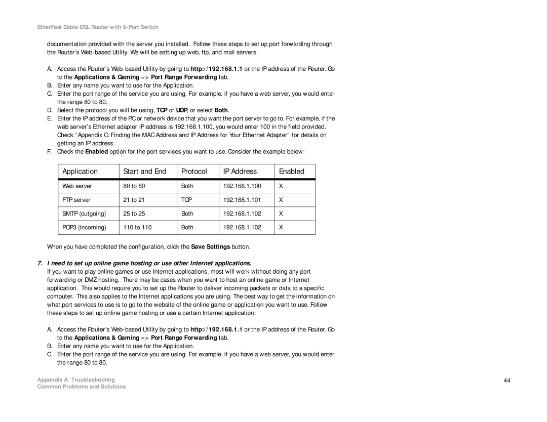Linksys BEFSR81 manual Application Start and End Protocol IP Address Enabled, Tcp 