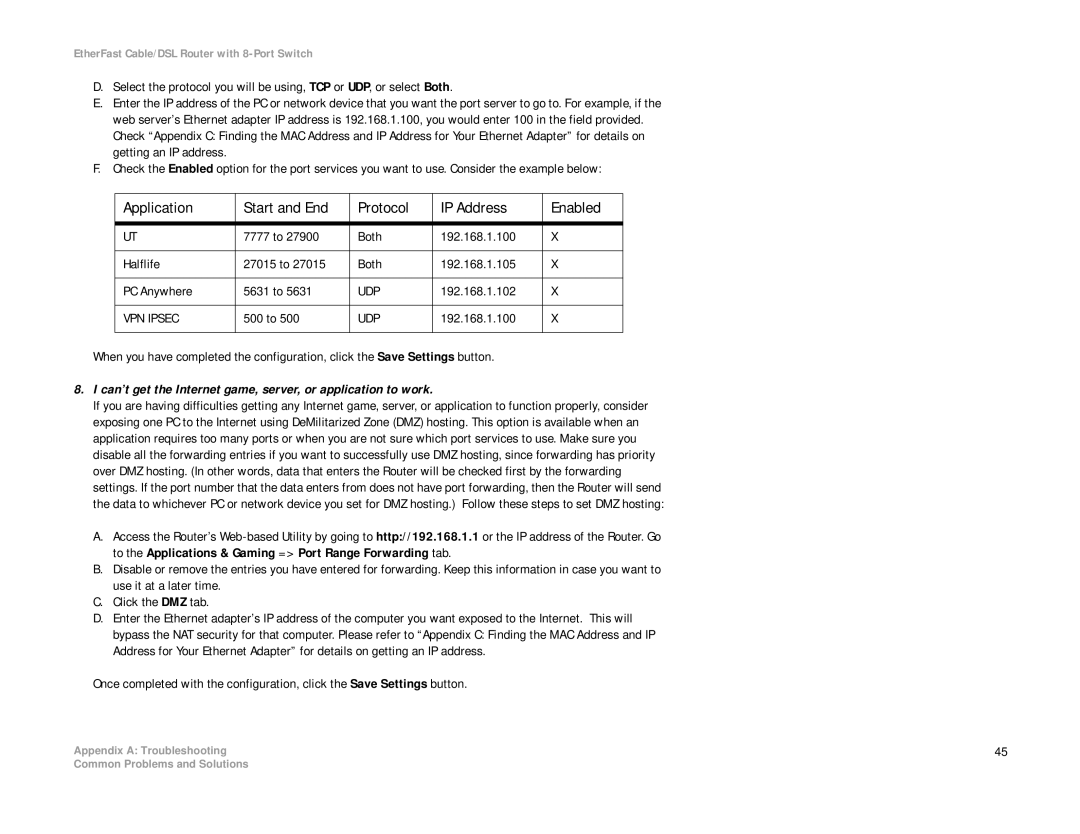 Linksys BEFSR81 manual Can’t get the Internet game, server, or application to work 