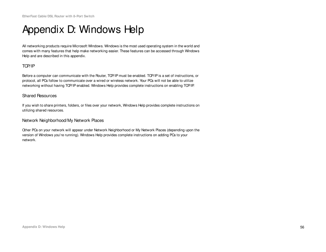 Linksys BEFSR81 manual Appendix D Windows Help, Shared Resources, Network Neighborhood/My Network Places 