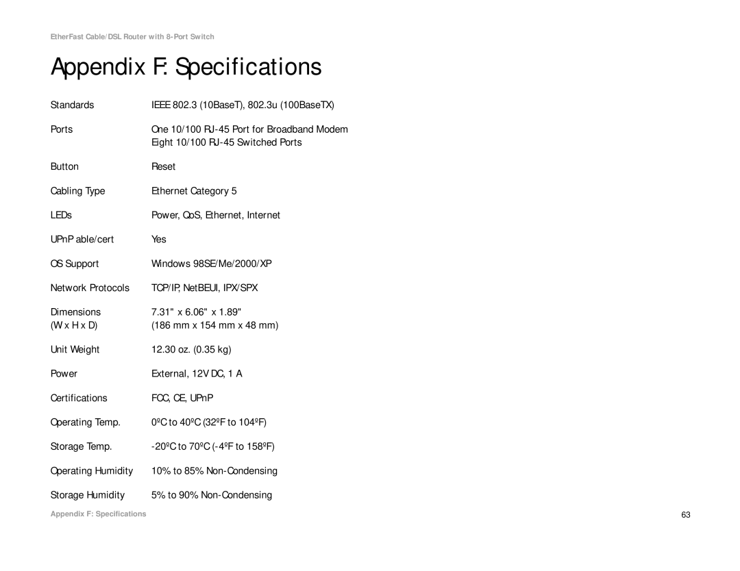 Linksys BEFSR81 manual Appendix F Specifications, Standards, Eight 10/100 RJ-45 Switched Ports 