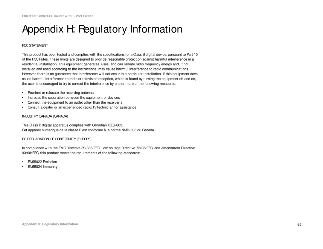 Linksys BEFSR81 manual Appendix H Regulatory Information, FCC Statement 