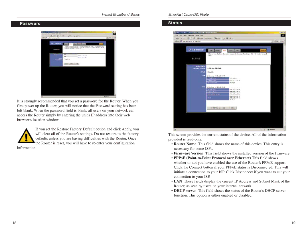 Linksys BEFSR81 manual EtherFast Cable/DSL Router, Password Status 