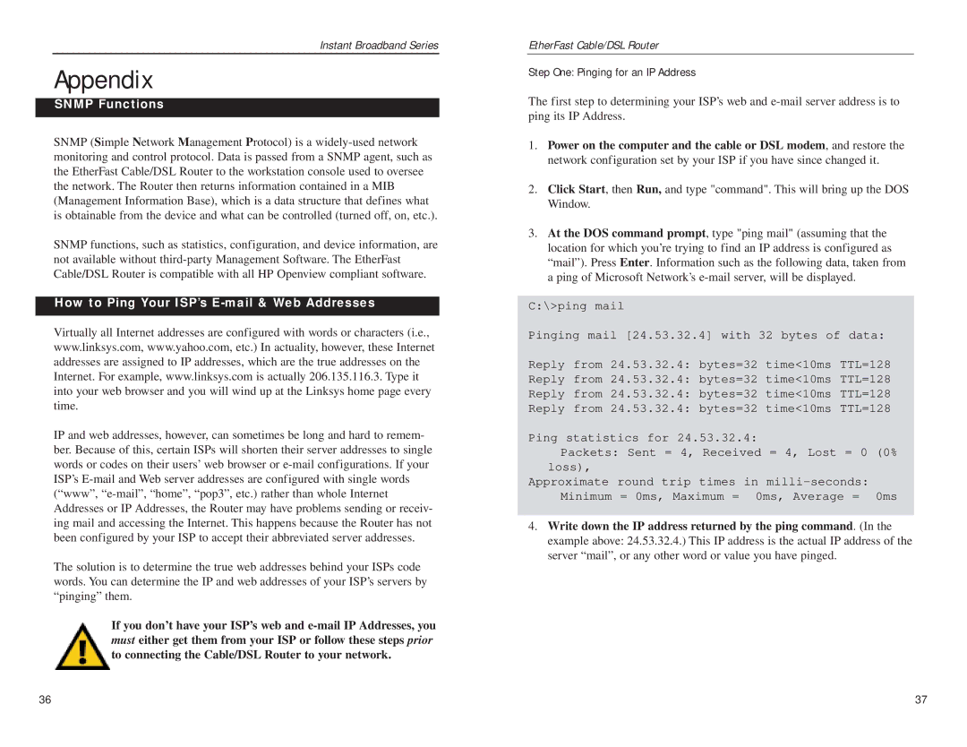 Linksys BEFSR81 manual Appendix, Snmp Functions, How to Ping Your ISP’s E-mail & Web Addresses 