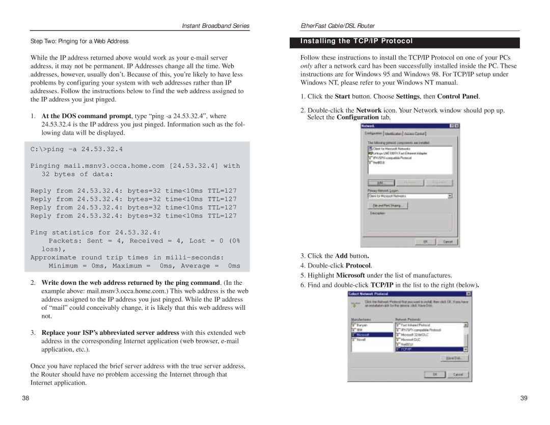 Linksys BEFSR81 manual Step Two Pinging for a Web Address, Installing the TCP/IP Protocol 