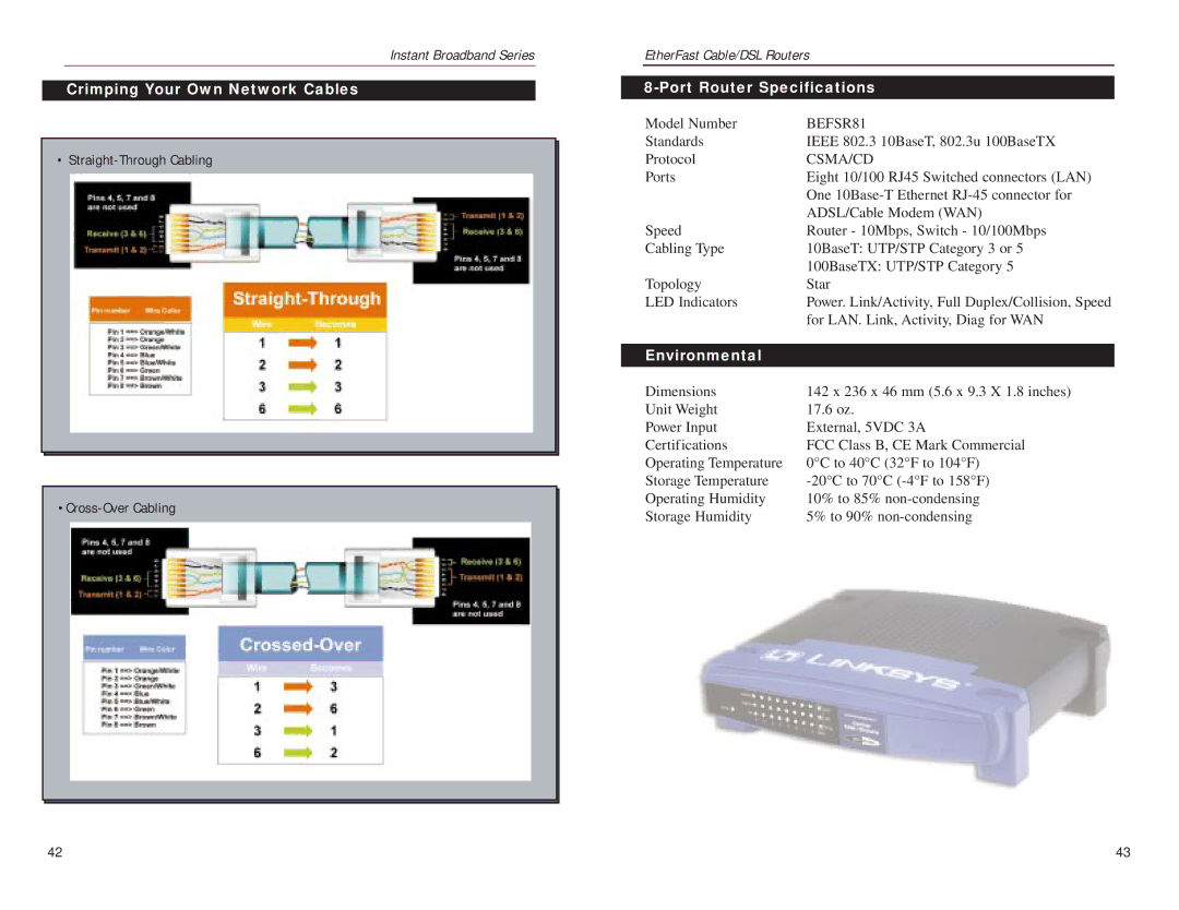 Linksys BEFSR81 manual Crimping Your Own Network Cables, Port Router Specifications, Environmental 