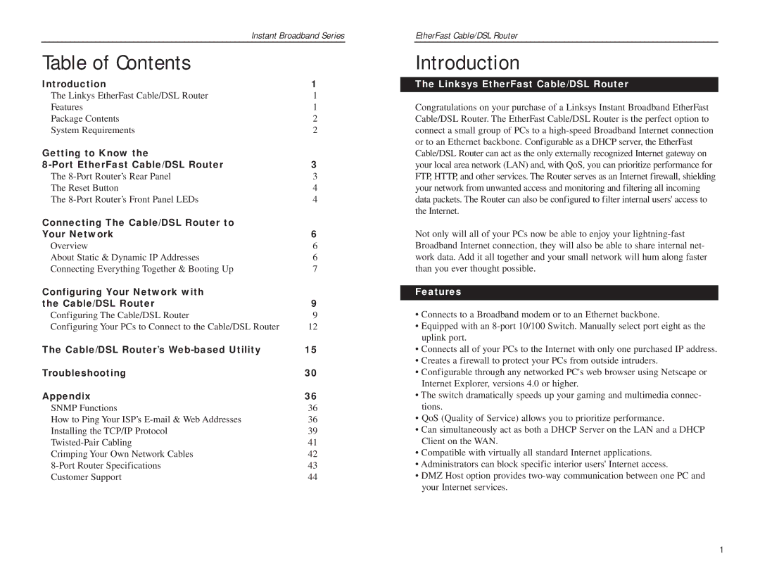 Linksys BEFSR81 manual Table of Contents, Introduction 