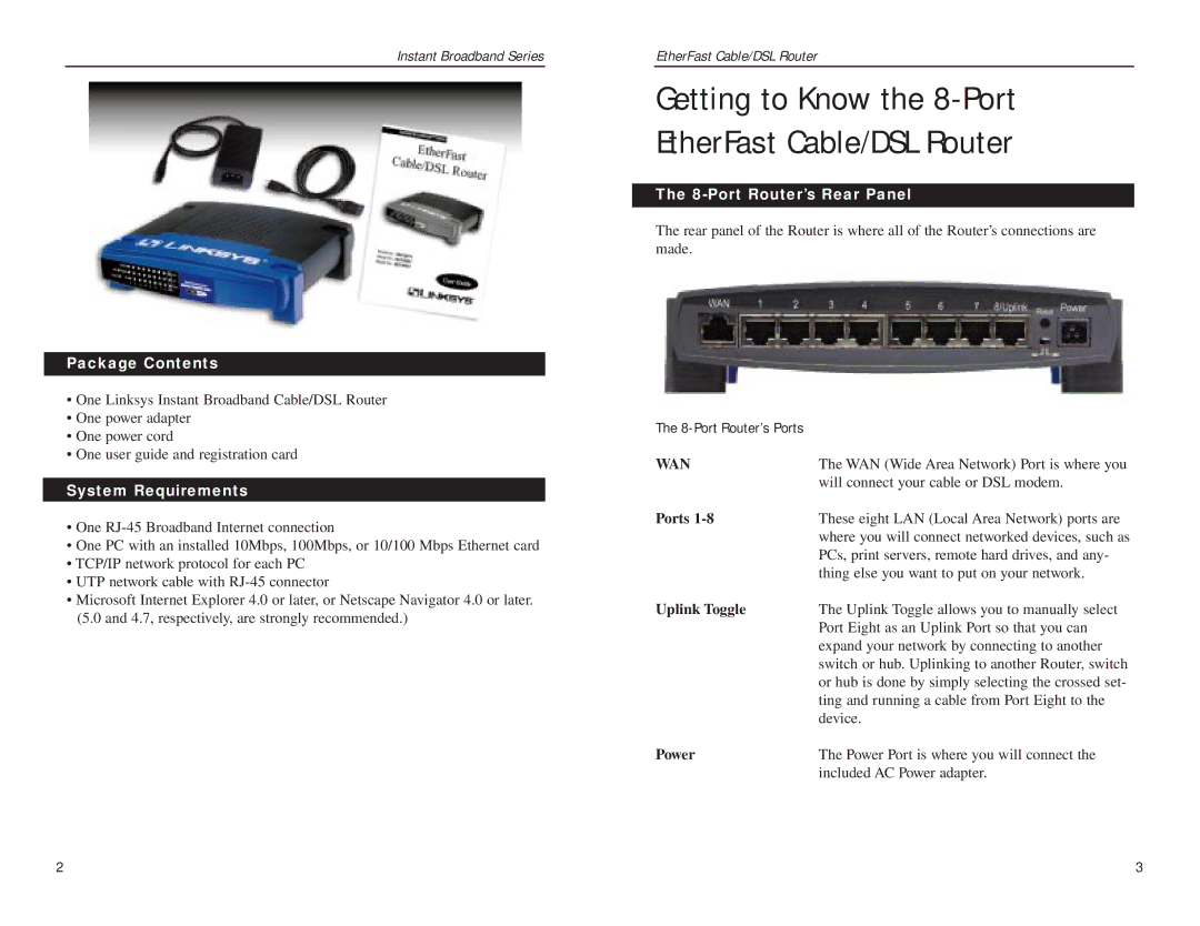 Linksys BEFSR81 manual Package Contents, System Requirements, Port Router’s Rear Panel 