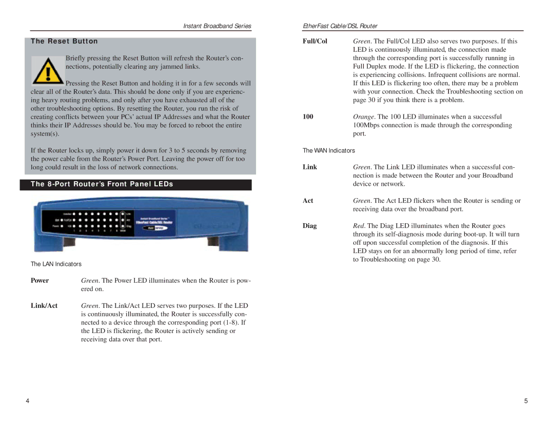 Linksys BEFSR81 manual Reset Button, Port Router’s Front Panel LEDs 