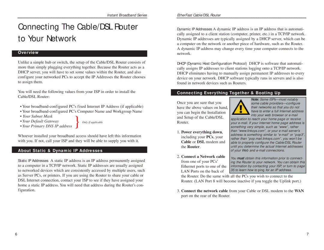 Linksys BEFSR81 manual Connecting The Cable/DSL Router to Your Network, Overview, About Static & Dynamic IP Addresses 