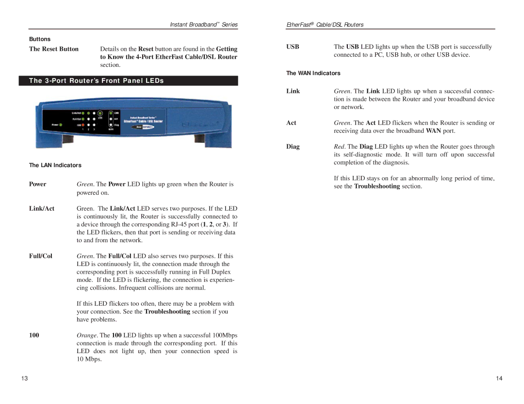 Linksys BEFSRU31, BEFSR41 manual Buttons, Port Router’s Front Panel LEDs 