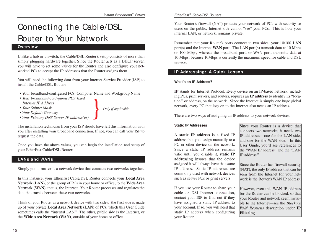 Linksys BEFSR41 manual Overview, IP Addressing a Quick Lesson, What’s an IP Address?, LANs and WANs, Static IP Addresses 