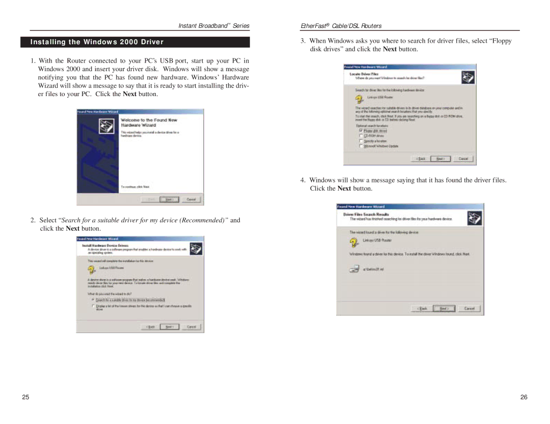 Linksys BEFSRU31, BEFSR41 manual Installing the Windows 2000 Driver 