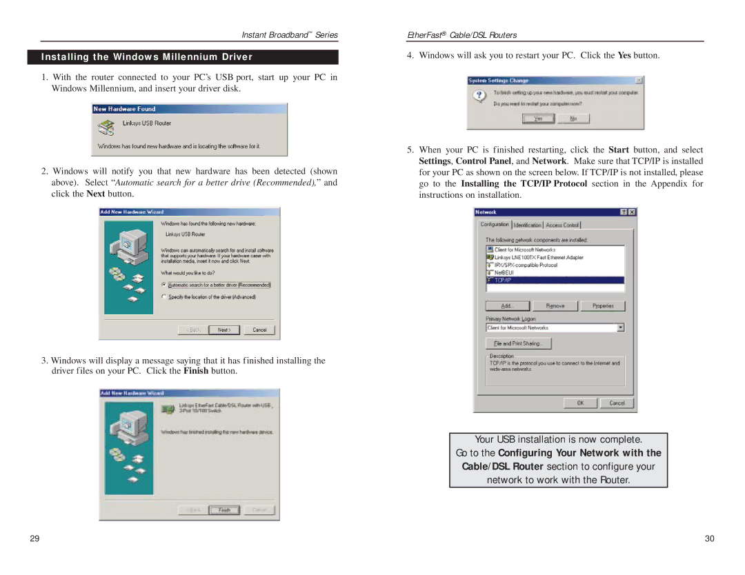 Linksys BEFSRU31, BEFSR41 manual Installing the Windows Millennium Driver 