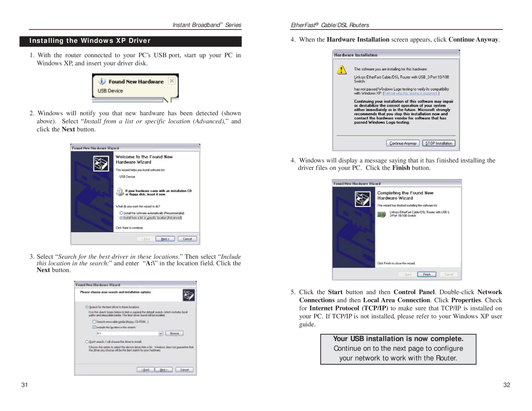 Linksys BEFSR41, BEFSRU31 manual Installing the Windows XP Driver 