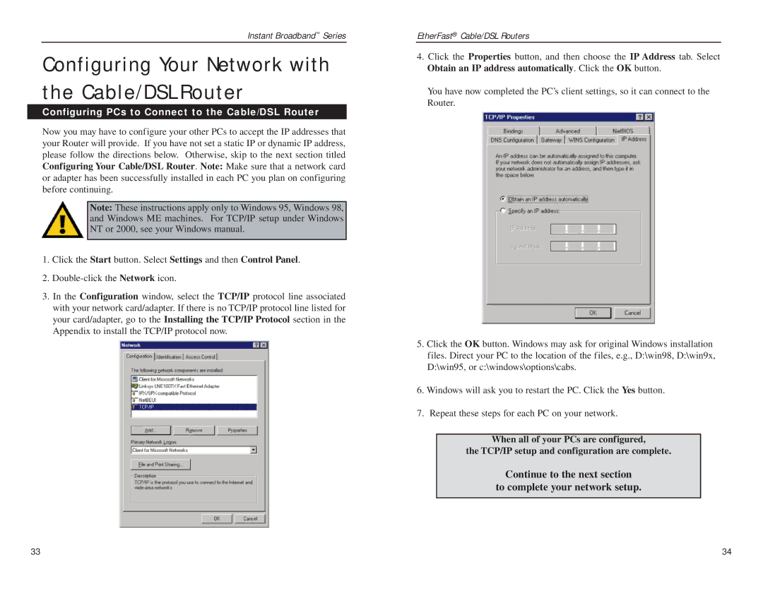 Linksys BEFSRU31 Configuring Your Network with the Cable/DSL Router, Configuring PCs to Connect to the Cable/DSL Router 