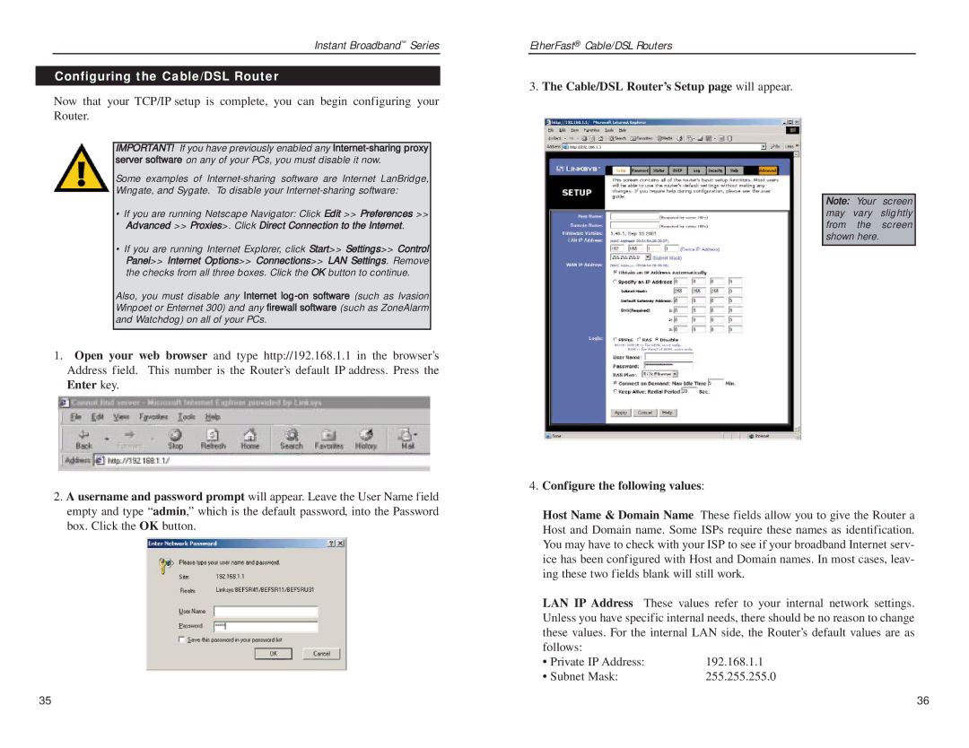 Linksys BEFSR41, BEFSRU31 manual Configuring the Cable/DSL Router 