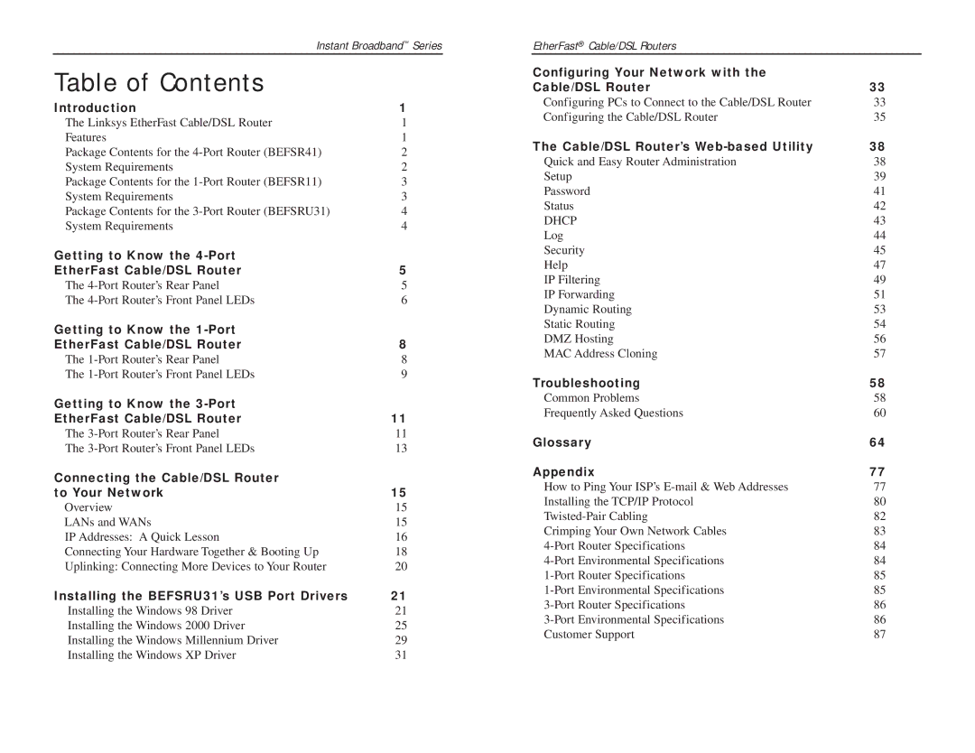 Linksys BEFSR41, BEFSRU31 manual Table of Contents 