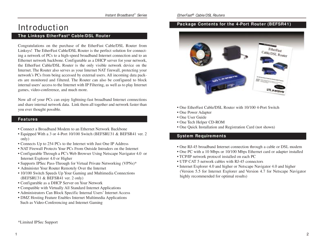 Linksys BEFSRU31, BEFSR41 manual Introduction, Linksys EtherFast Cable/DSL Router, Features, System Requirements 