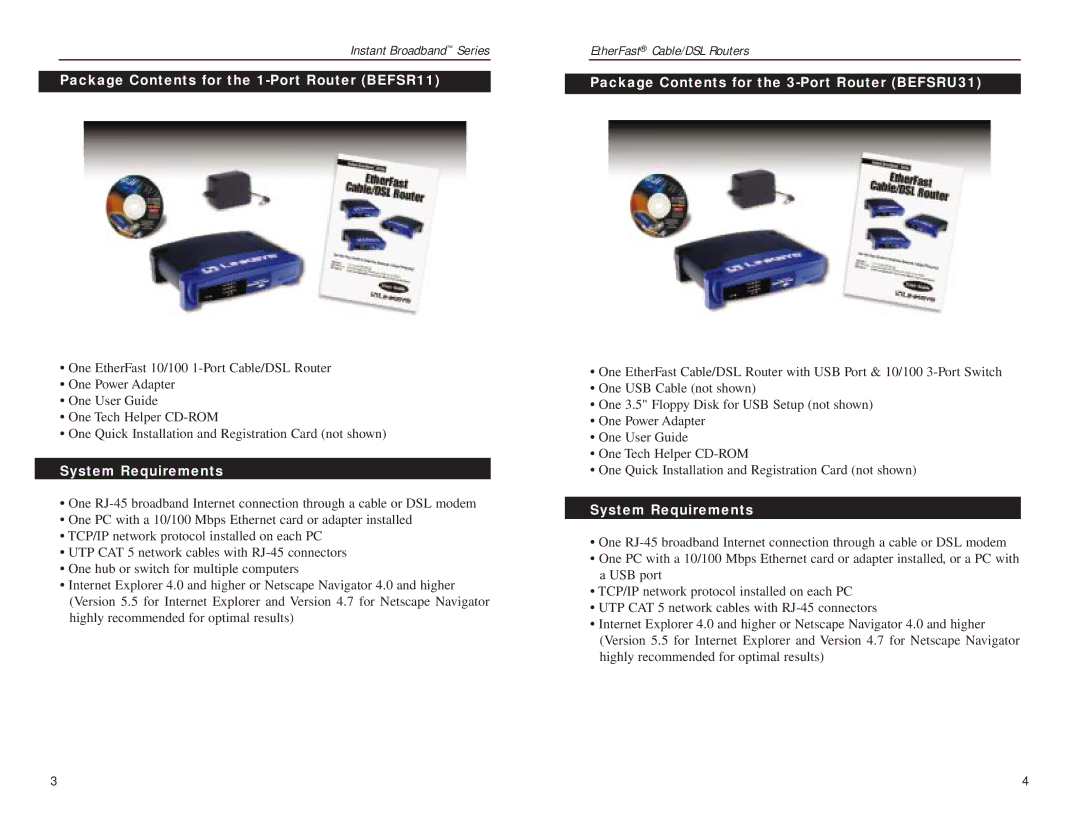 Linksys BEFSR41 manual Package Contents for the 1-Port Router BEFSR11, Package Contents for the 3-Port Router BEFSRU31 