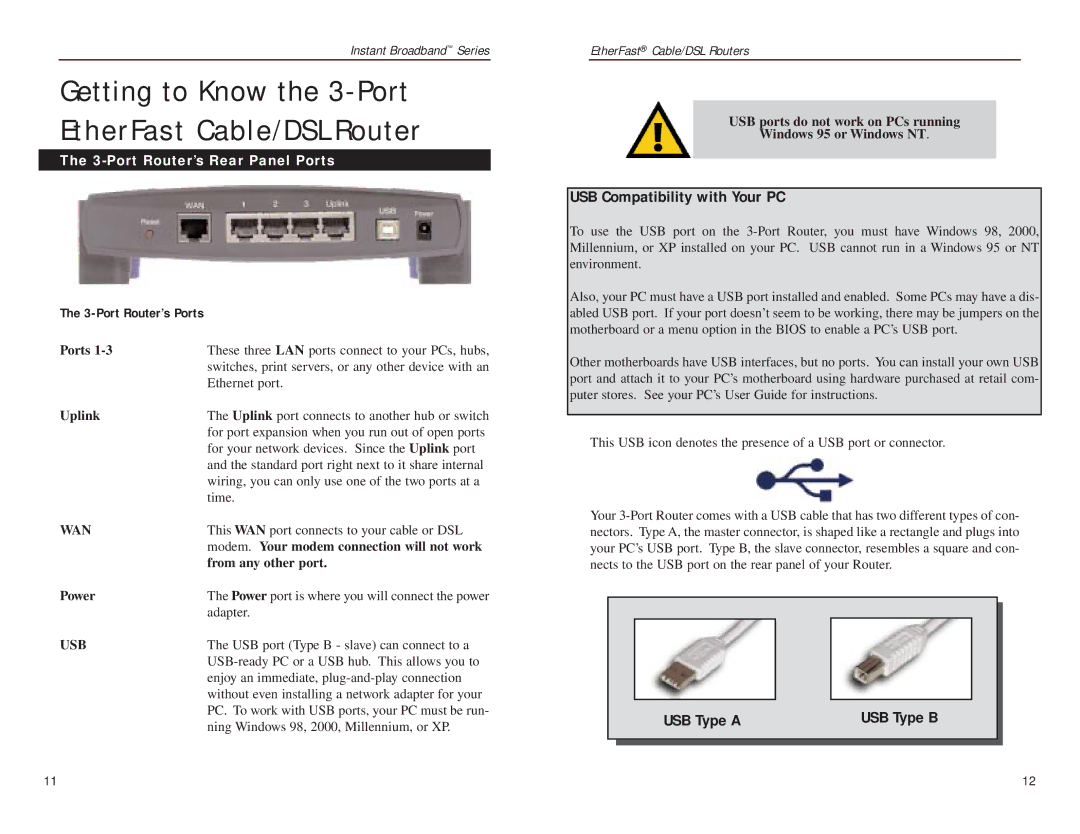 Linksys BEFSR41, BEFSRU31 manual Getting to Know the 3-Port EtherFast Cable/DSL Router, Port Router’s Rear Panel Ports 