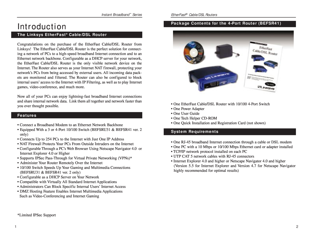 Linksys BEFSRU31, BEFSR41 manual Introduction, The Linksys EtherFast Cable/DSL Router, Features, System Requirements 