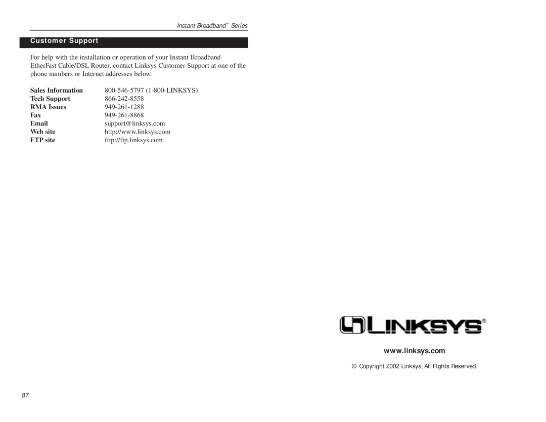 Linksys BEFSR41 Customer Support, Copyright 2002 Linksys, All Rights Reserved, Instant Broadband Series, Sales Information 