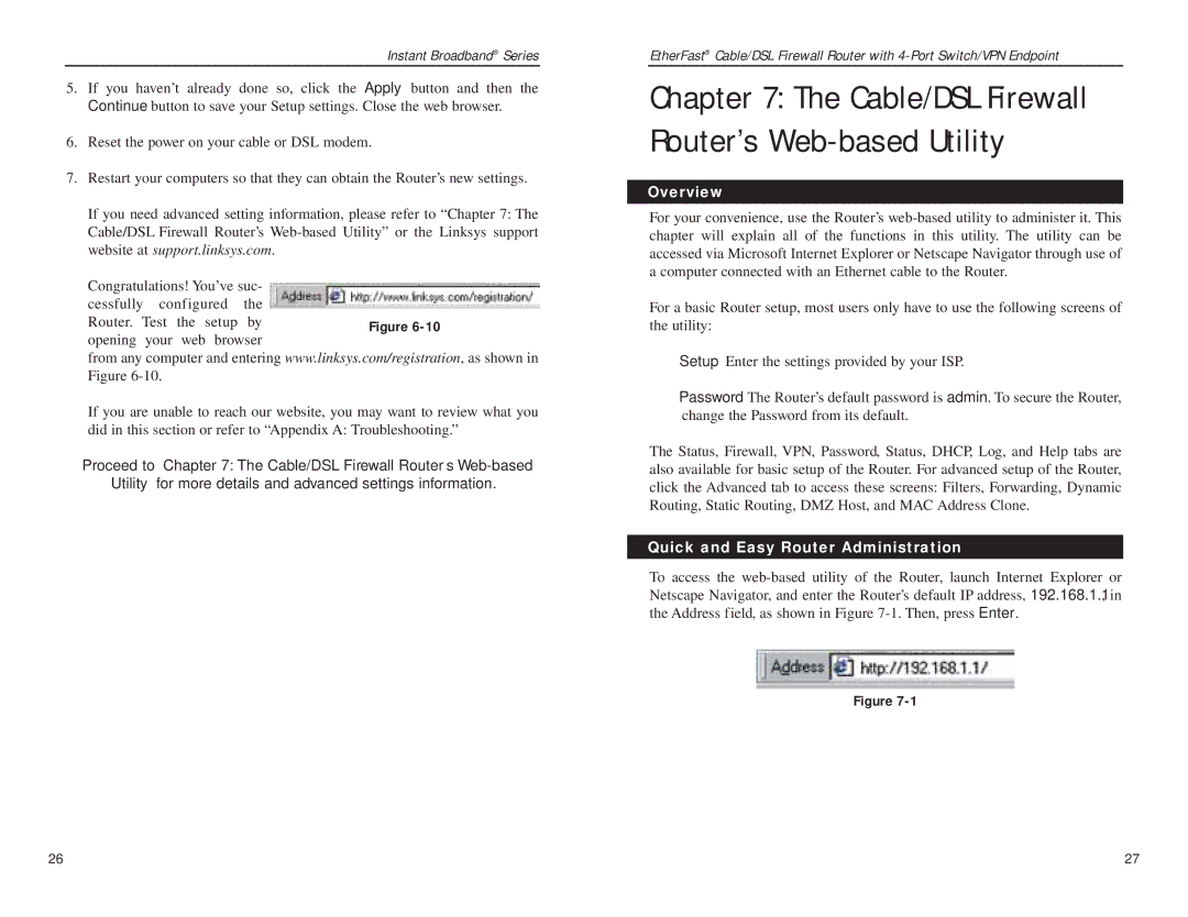 Linksys BEFSX41 manual Cable/DSL Firewall Router’s Web-based Utility, Quick and Easy Router Administration 